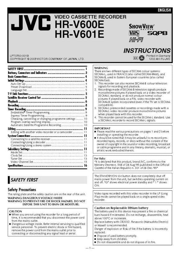 JVC HR-V600EX HR-V601EX VCR Owners Instruction Manual