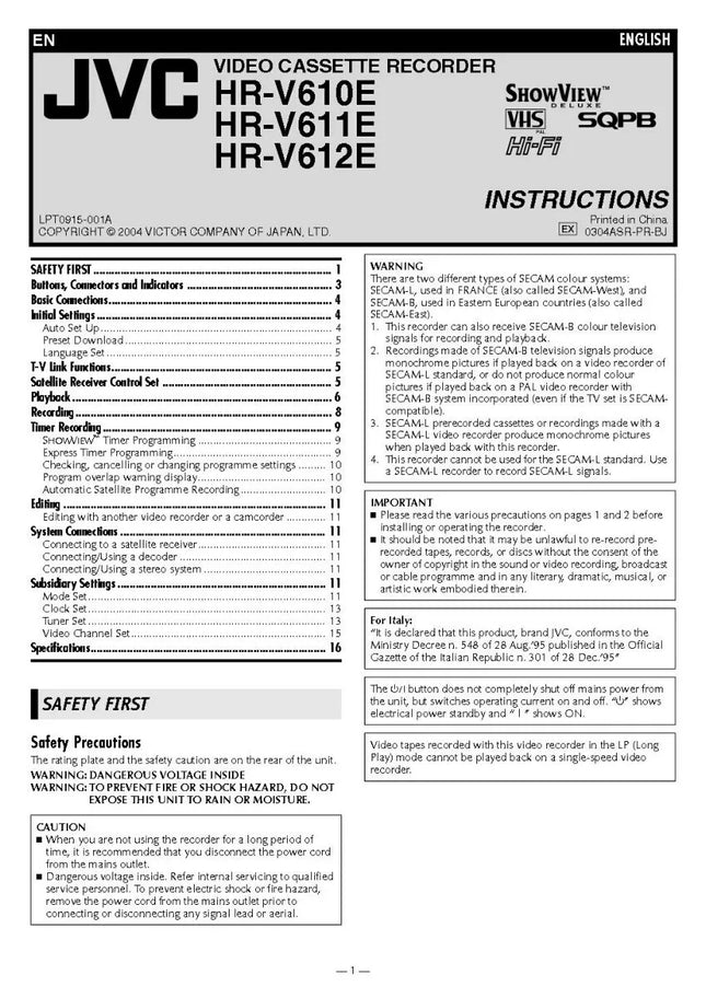 JVC HR-V610E HR-V611E HR-V612E VCR Owners Instruction Manual