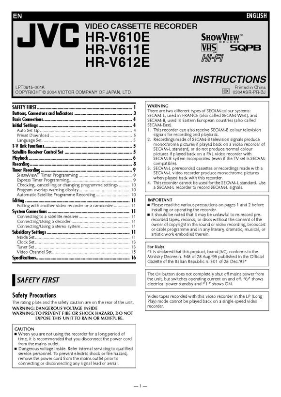 JVC HR-V610E HR-V611E HR-V612E VCR Owners Instruction Manual