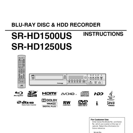 JVC SR-HD1250US SR-HD1500US Blu-ray Player Owners Instruction Manual