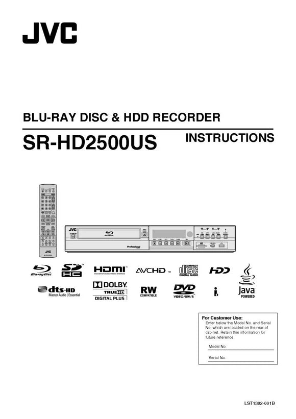 JVC SR-HD2500US Blu-ray Player Owners Instruction Manual