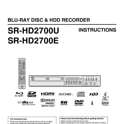 JVC SR-HD2700 Blu-ray Player Owners Instruction Manual