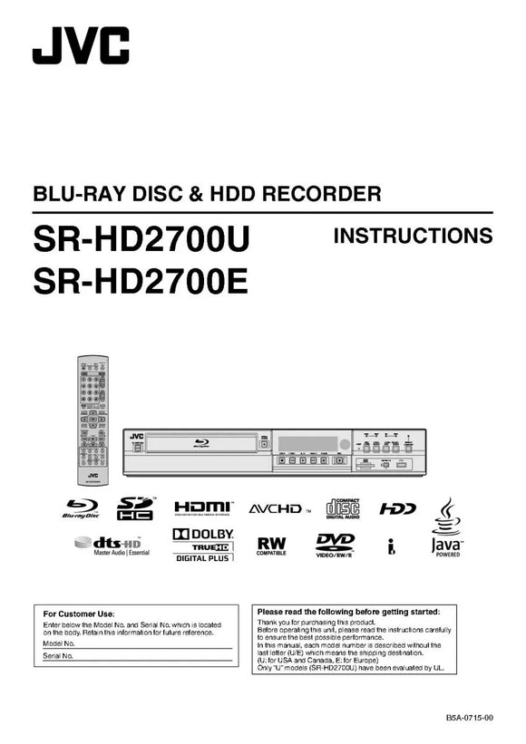 JVC SR-HD2700 Blu-ray Player Owners Instruction Manual