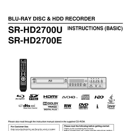 JVC SR-HD2700E SR-HD2700U Blu-ray Player Owners Instruction Manual