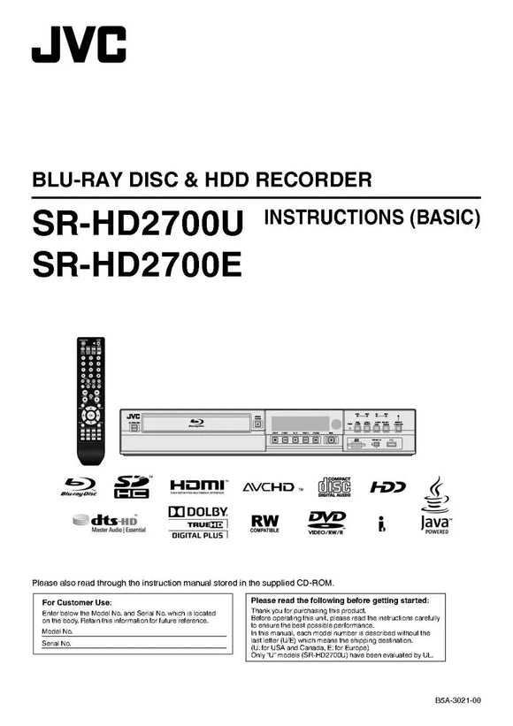 JVC SR-HD2700E SR-HD2700U Blu-ray Player Owners Instruction Manual