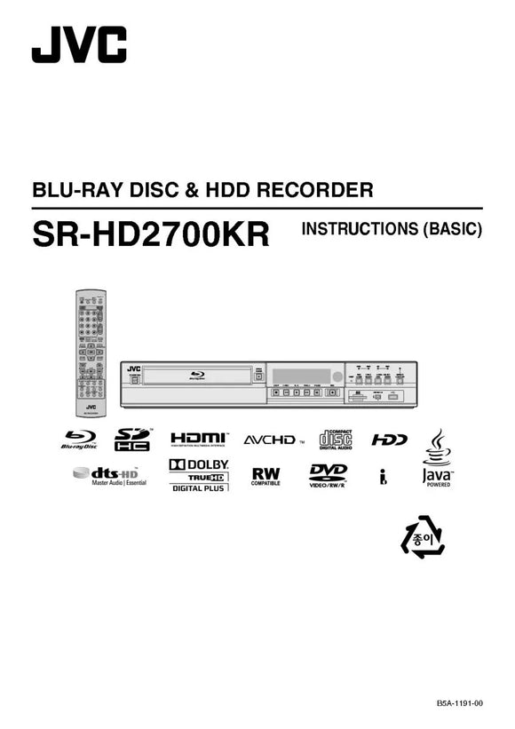 JVC SR-HD2700KR Blu-ray Player Owners Instruction Manual