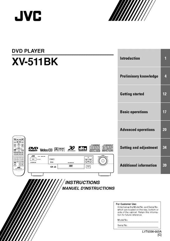 JVC XV-511BK DVD Player Owners Instruction Manual