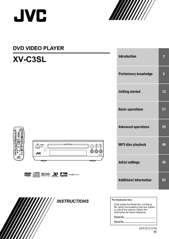 JVC XV-C3SL DVD Player Owners Instruction Manual