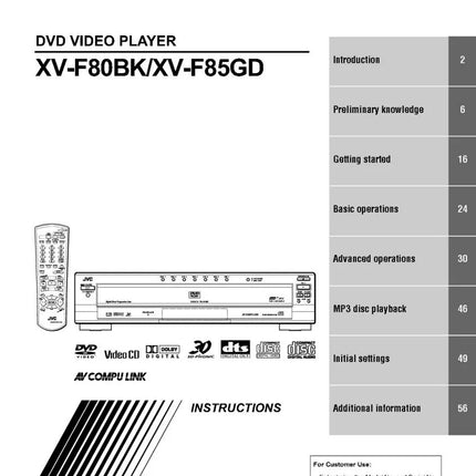 JVC XV-F80BK XV-F85GD DVD Player Owners Instruction Manual