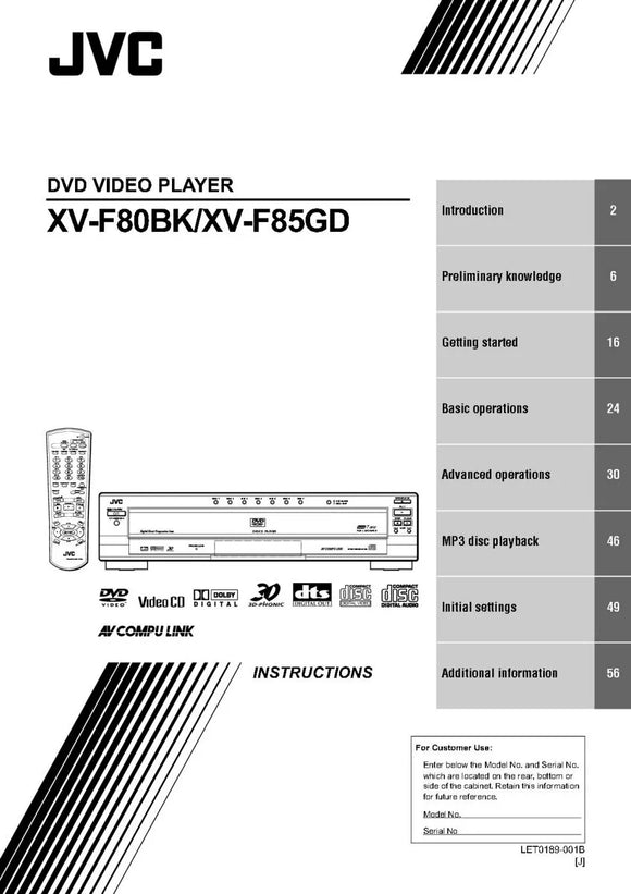 JVC XV-F80BK XV-F85GD DVD Player Owners Instruction Manual