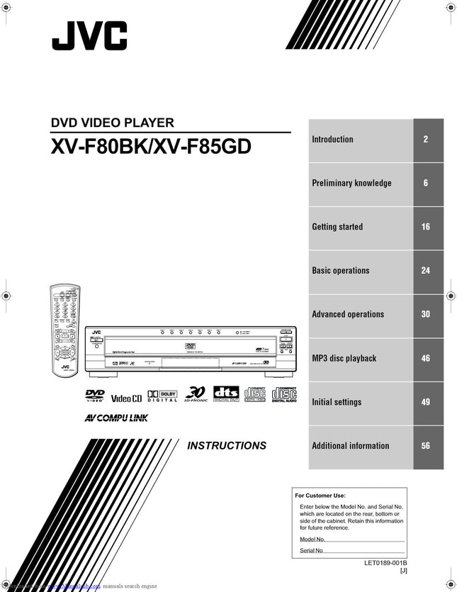 JVC XV-F85bk DVD PLAYER Owners Instruction Manual