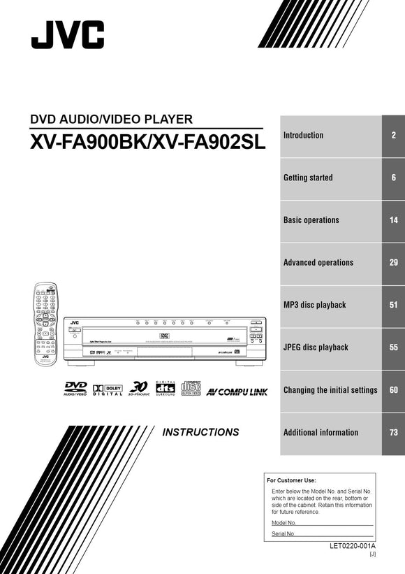 JVC XV-FA900BK DVD PLAYER Owners Instruction Manual