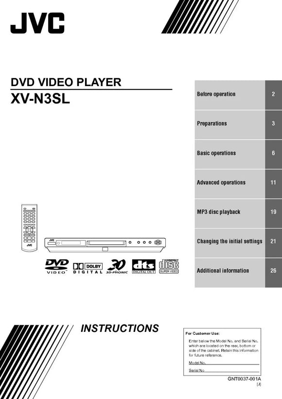 JVC XV-N3SL DVD Player Owners Instruction Manual