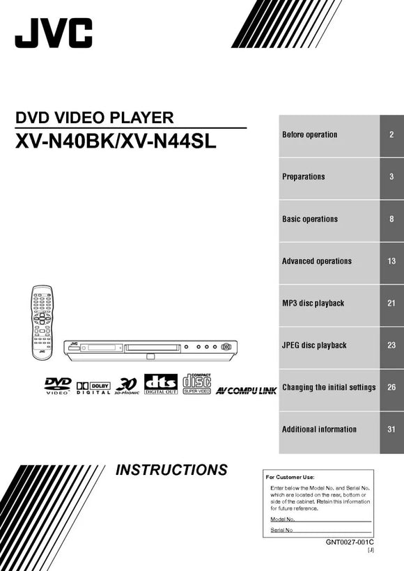 JVC XV-N40BK DVD Player Owners Instruction Manual