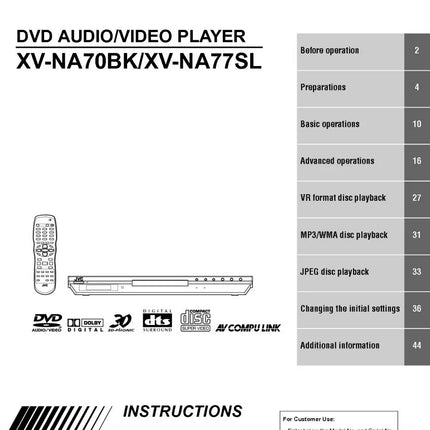 JVC XV-NA70BK XV-NA77SL DVD Player Owners Instruction Manual
