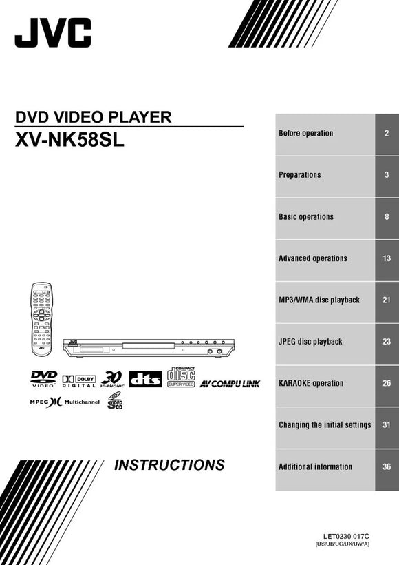 JVC XV-NK58SL XV-NK58SL XV-NK58SL XV-NK58SL DVD Player Owners Manual