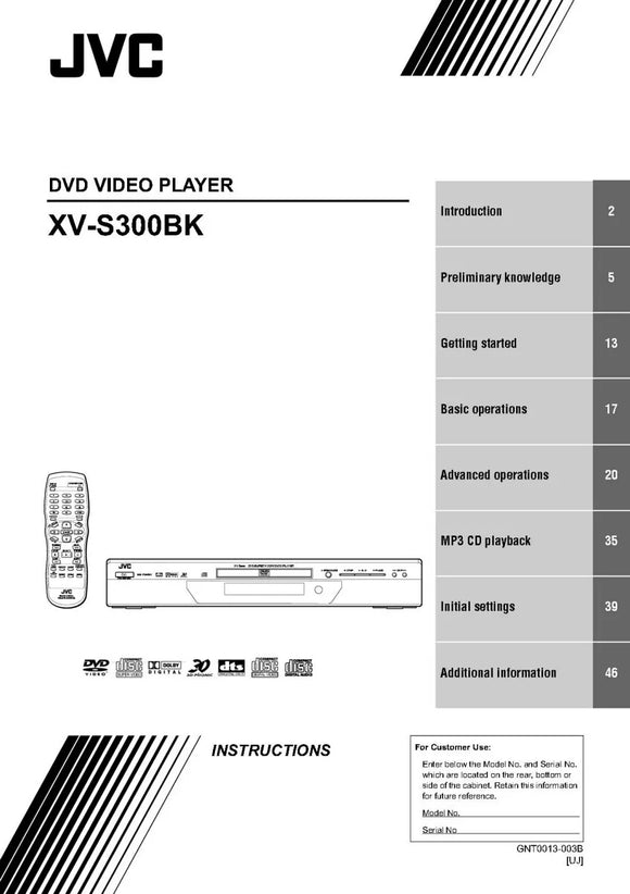 JVC XV-S300BK DVD Player Owners Instruction Manual