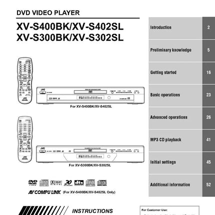 JVC XV-S300BK XV-S302SL XV-S400BK XV-S402SL DVD Player Owners Manual