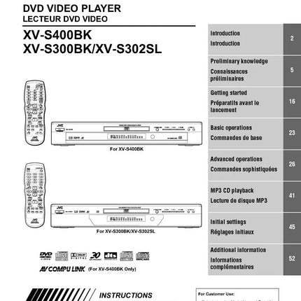 JVC XV-S300SL XV-S320SL XV-S400SL DVD Player Owners Instruction Manual