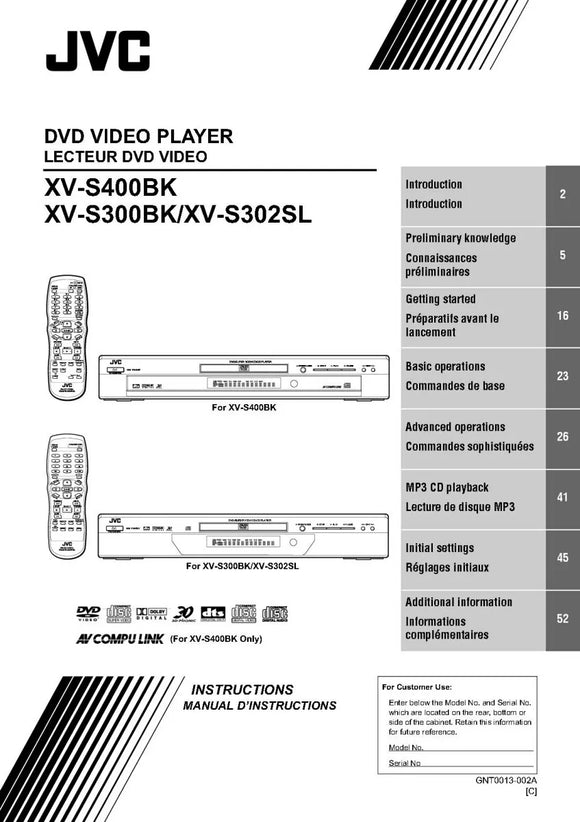 JVC XV-S300SL XV-S320SL XV-S400SL DVD Player Owners Instruction Manual