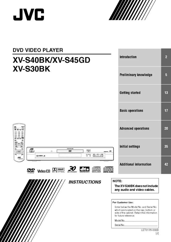 JVC XV-S30BK XV-S40BK XV-S45GD DVD Player Owners Instruction Manual