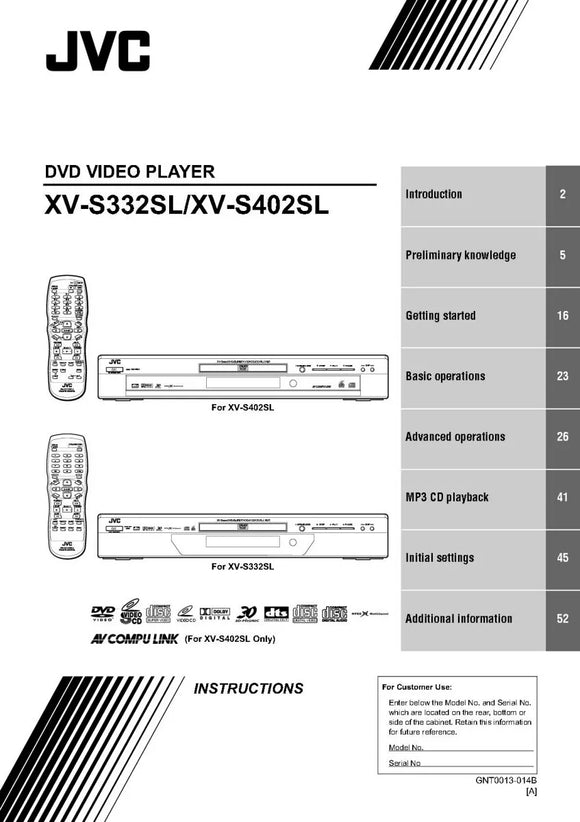 JVC XV-S332SL XV-S402SL DVD Player Owners Instruction Manual