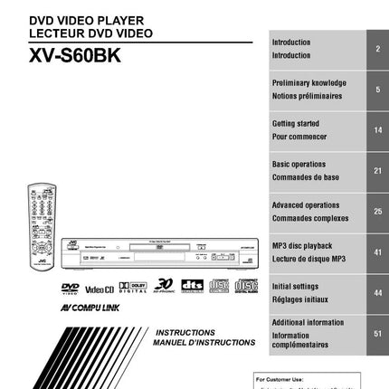 JVC XV-S60BK DVD Player Owners Instruction Manual