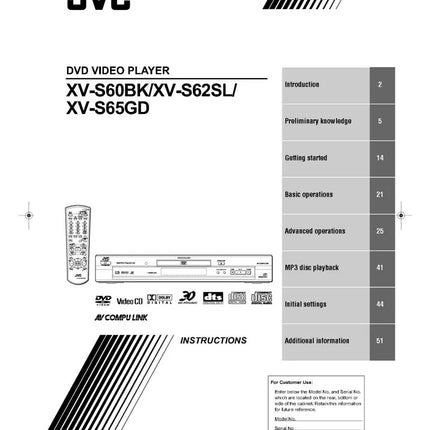JVC XV-S60BK XV-S62SL XV-S65GD DVD Player Owners Instruction Manual