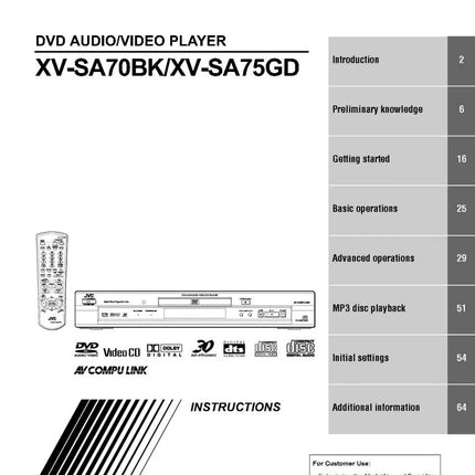 JVC XV-SA70BK XV-SA75GD DVD Player Owners Instruction Manual