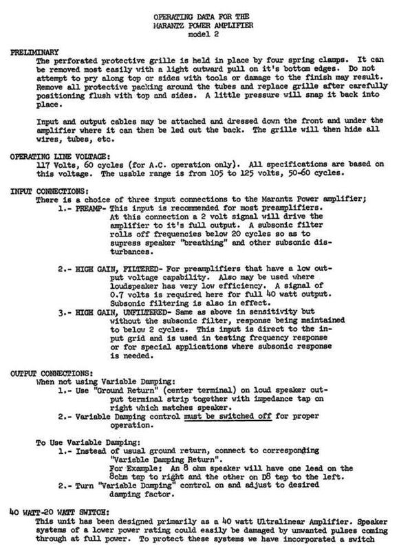 Marantz 2 Amplifier Owners Manual