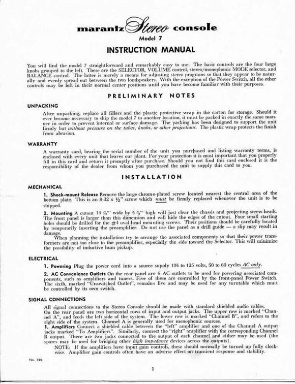 Marantz 7 Amplifier Owners Manual