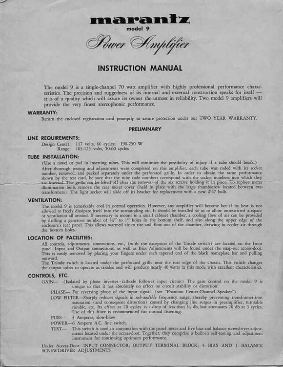 Marantz 9 Amplifier Owners Manual