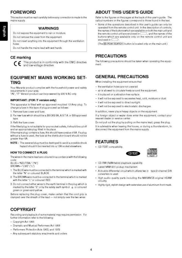 Marantz CD6000 CD Player Owners Manual