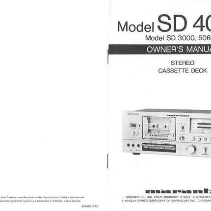Marantz SD-3000 Cassette Deck Owners Manual