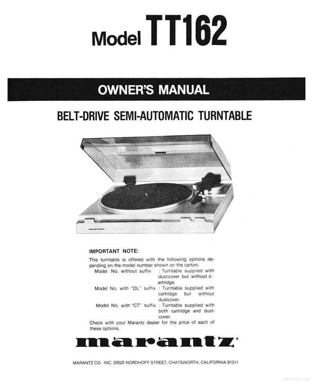 Marantz TT162 Turntable Owners Instruction Manual