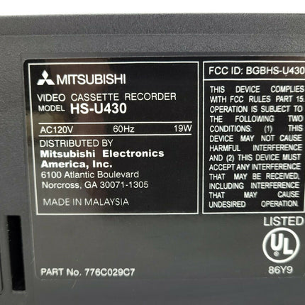Mitsubishi HS-U430 4 Head Hi-Fi Stereo VHS VCR Player model