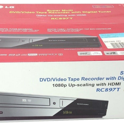 LG RC897T DVD VCR combo player packaging with digital tuner. The box is predominantly red and white with images of the product and its features listed.
