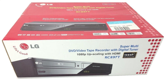 LG RC897T DVD VCR combo player packaging with digital tuner. The box is predominantly red and white with images of the product and its features listed.
