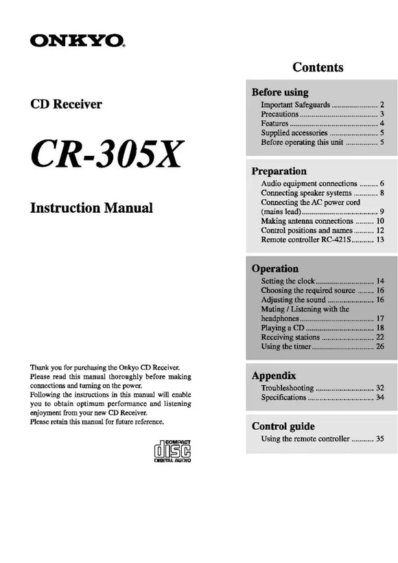 Onkyo CR-305X CD Receiver Owners Manual