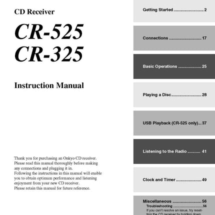 Onkyo CR-325 CR 525 CD Receiver Owners Manual