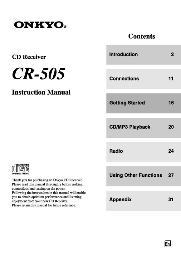 Onkyo CR-505 CD Receiver Owners Manual