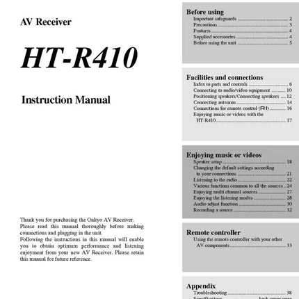 Onkyo Integra HT-R410 Receiver Owners Instruction Manual
