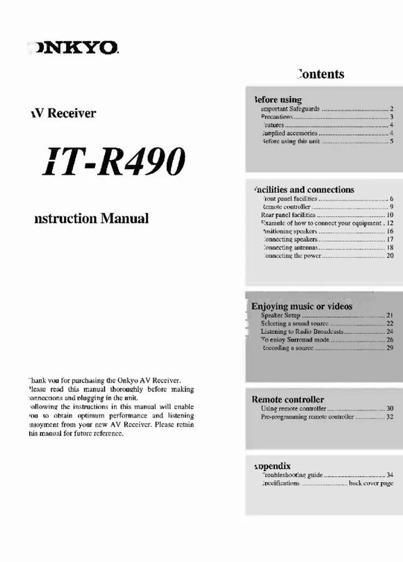 Onkyo Integra HT-R490 Receiver Owners Instruction Manual