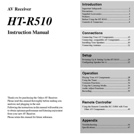 Onkyo Integra HT-R510 Receiver Owners Instruction Manual