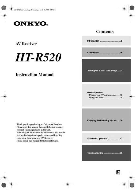 Onkyo Integra HT-R520 Receiver Owners Instruction Manual