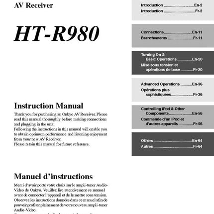 Onkyo Integra HT-R980 Receiver Owners Instruction Manual