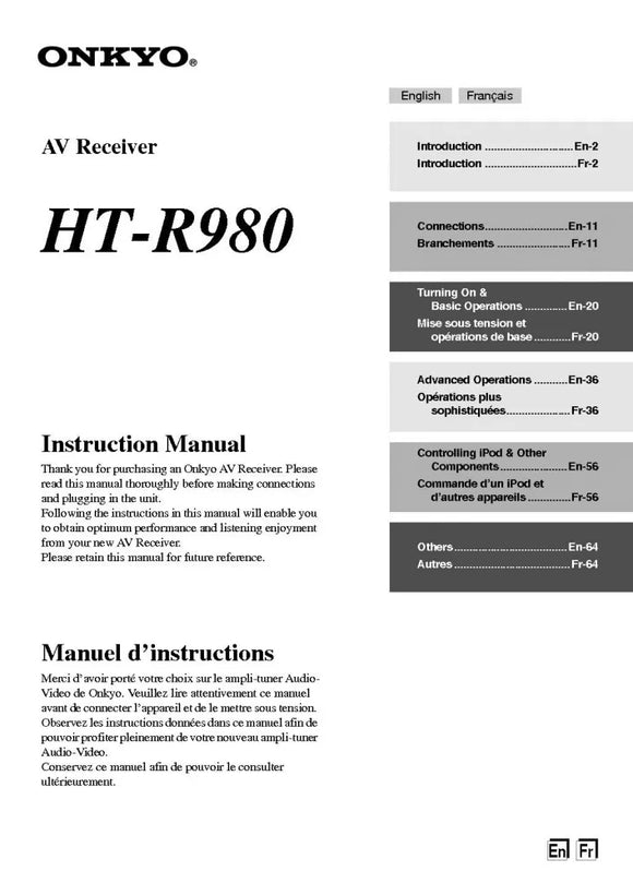 Onkyo Integra HT-R980 Receiver Owners Instruction Manual