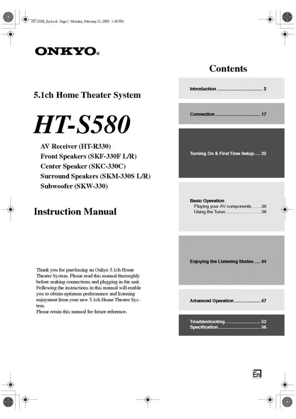 Onkyo Integra HT-S580 Receiver Owners Instruction Manual