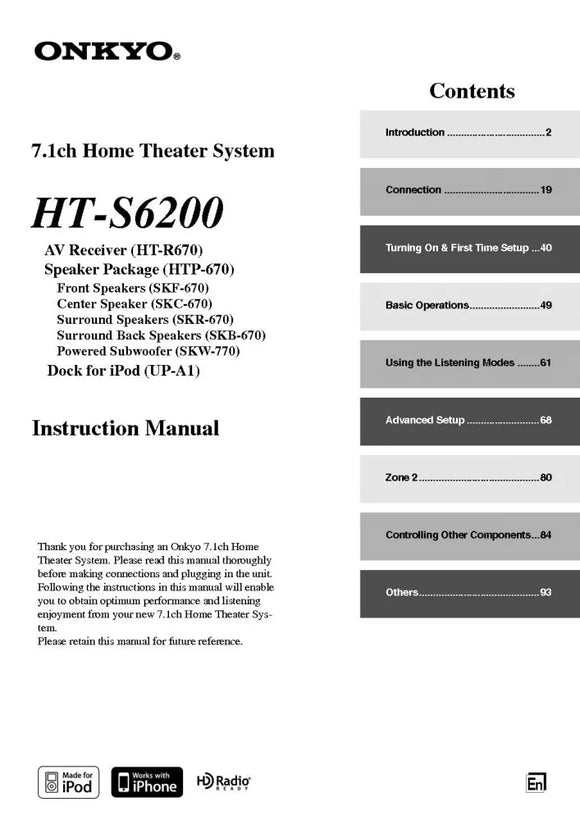 Onkyo Integra HT-S6200 Receiver Owners Instruction Manual