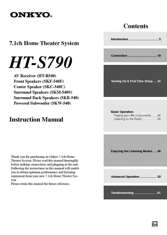 Onkyo Integra HT-S790 Receiver Owners Instruction Manual